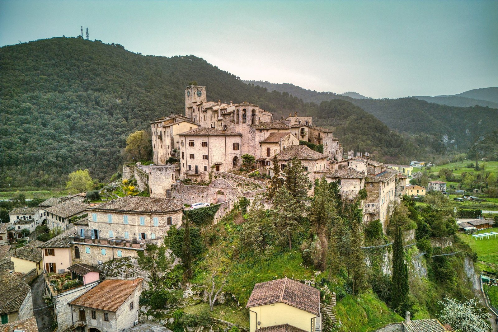 The hill village of Arrone in the Valnerina, its upper town climbing to a ruined tower at the summit