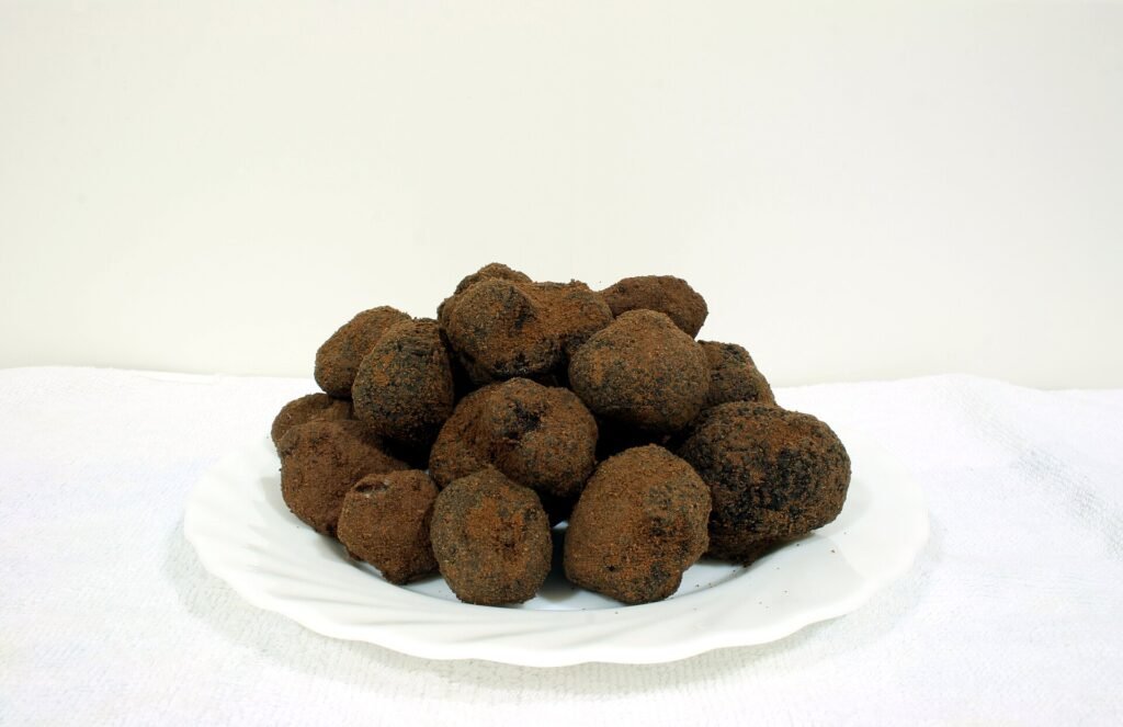 A white plate piled with knobbly black truffles