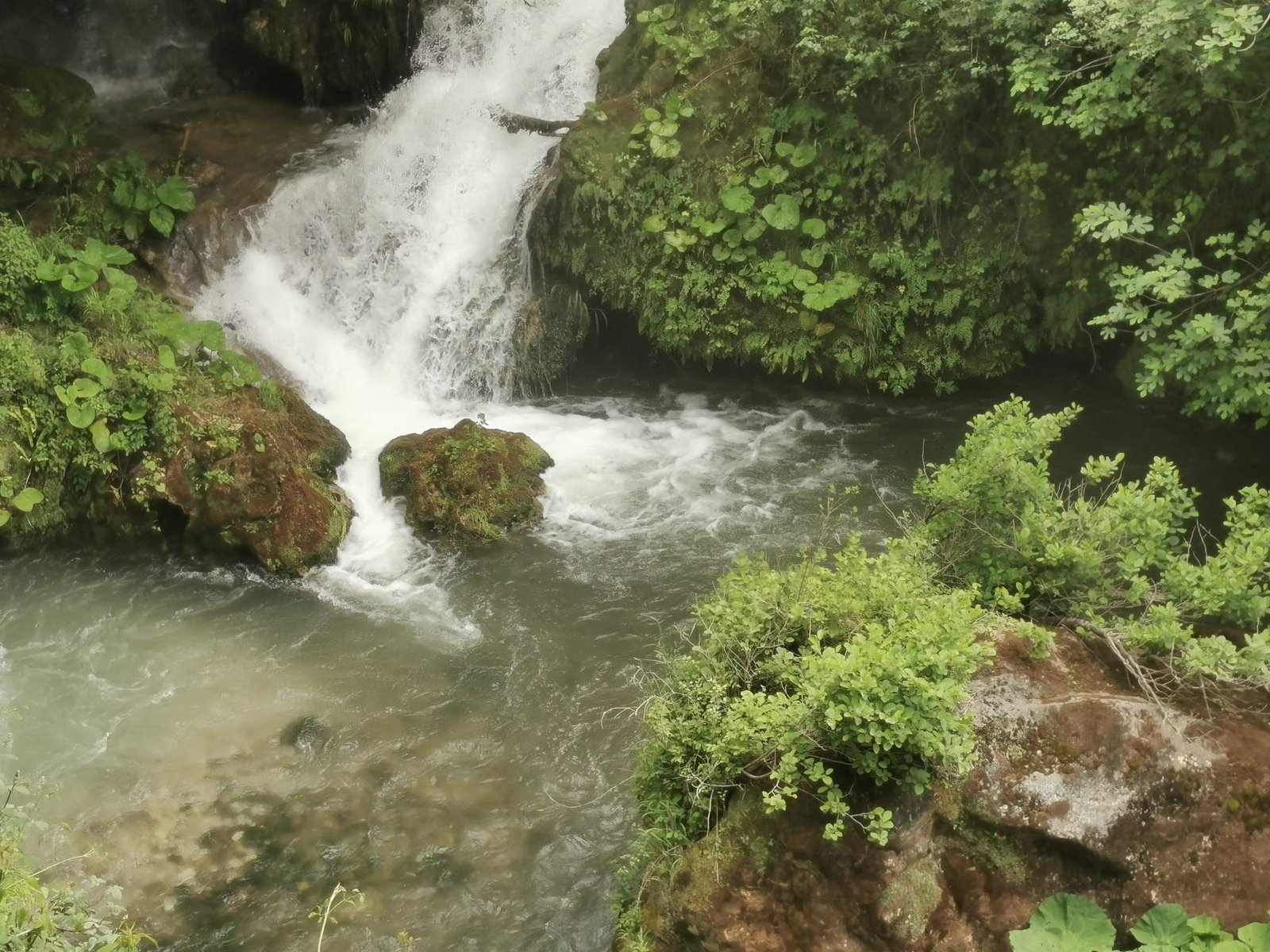 Water cascading over mossy rocks into a green pool at the Cascata delle Marmore
