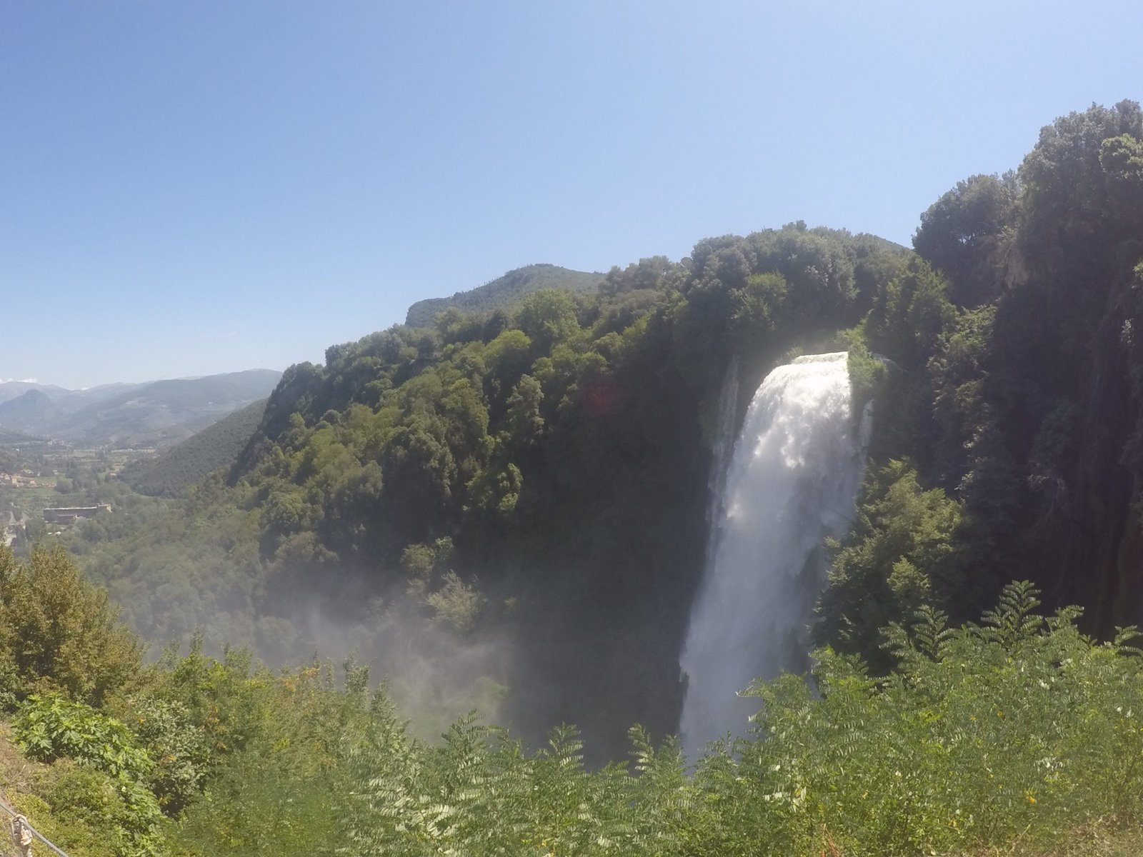 The Marmore Falls seen from the upper belvedere, with the valley beyond