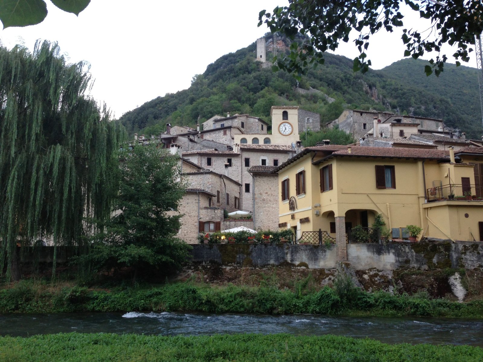 The village of Scheggino climbing its hillside to a bell tower, with willows and water at the foot of the village