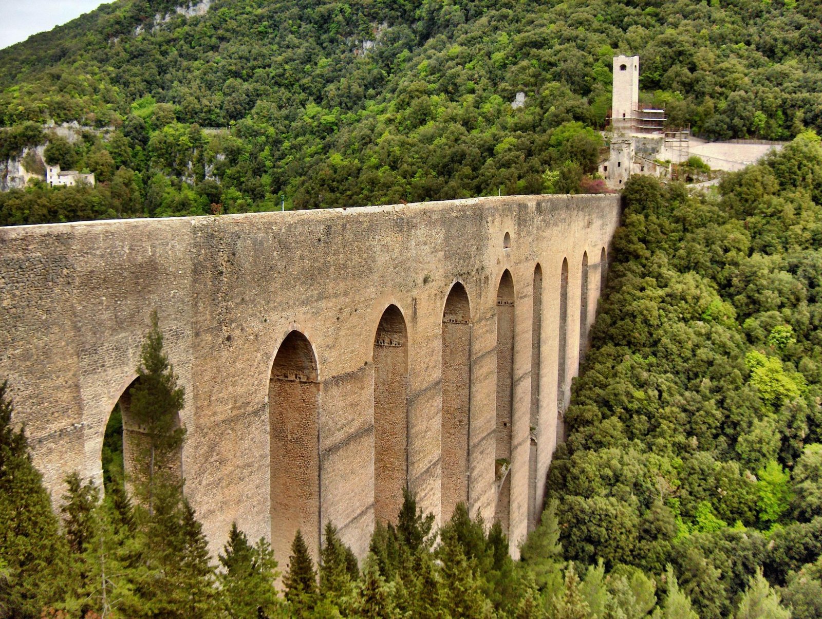 The arches of the Ponte delle Torri aqueduct at Spoleto rising from the wooded valley